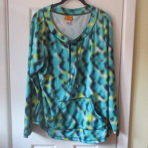 Ruby Rd Dark Green & Navy Blue Geometric Print Top NEW LG